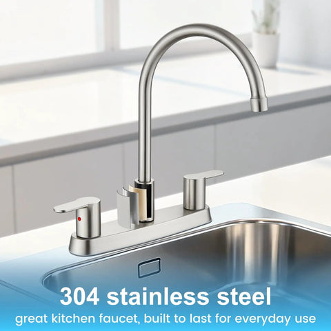 Top Shelf 8 Inch Centerset Kitchen Faucet With Dual Handles And High Arc 360 Swivel Spout In Sleek Brushed Nickel mounted on a three hole sink.