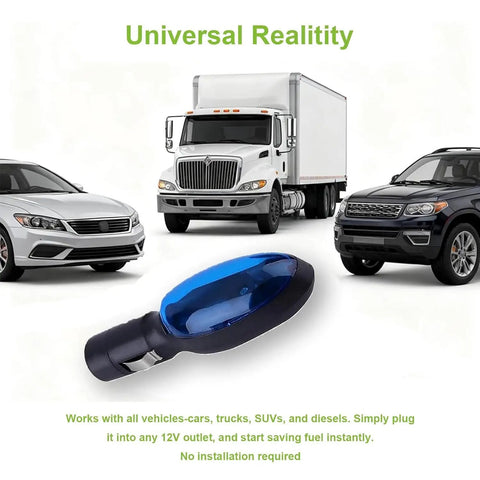 Two Pack Auto Fuel Saver Gas Saver For Cars And Trucks Plug And Play Portable Leak Proof Universal Fit with vehicles in background