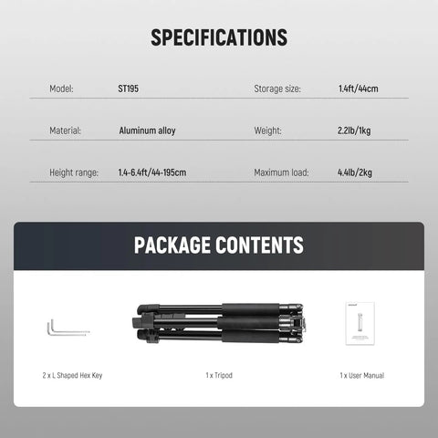 Versatile Aluminum Photography Light Stand 1.5 to 6.4 Feet Telescoping Tripod With Reversible Head specifications and package contents