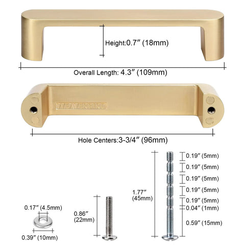 Brushed Brass Cabinet Handles 4 Pack Gold Drawer Pulls 3-3/4 Inch 96mm Hole Spacing 109mm Overall Length 18mm Projection Diagram