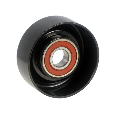 Beefy Serpentine Belt Drive Idler Pulley And Tensioner For OEM-Quality Routing, Heavy-Duty Belt Wheel That Fits Cars And SUVs, Easy Install Replacement For Reliable Power And Slippage-Free Performance, black steel pulley with red bearing