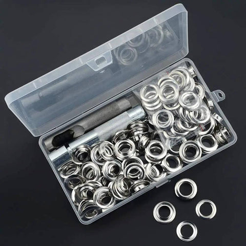Grommets One Half Inch Heavy Duty Metal Eyelets Kit For Fabric Curtains Tents And Boat Covers Repair Hammer On Grommet Set, open box view