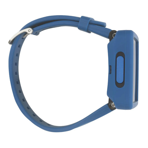 Side view of Luna 2.0 AI Wrist Dive Computer With Bluetooth showing slim oil-filled housing and blue silicone arm strap.