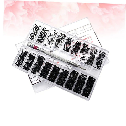 Miniature Countersunk Screw Set With Transparent Storage Case for glasses, watches, DIY projects, showing tool and screws.