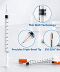 Disposable 31G U-100 Syringes 1ml Capacity 5/16 Inch Tip 30 Pack Leak-Proof Clear U-100 Markings Lab-Grade Plastic Single-Use Medical and Research Syringes for Lab Use, 31G 5/16" tip