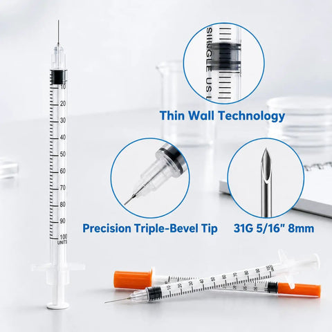 Disposable 31G U-100 Syringes 1ml Capacity 5/16 Inch Tip 30 Pack Leak-Proof Clear U-100 Markings Lab-Grade Plastic Single-Use Medical and Research Syringes for Lab Use, 31G 5/16" tip