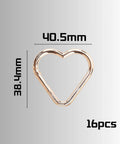 Gold Heart Carabiner Clips 16 Pack For Backpacks And Hiking Gear Lightweight Aluminum Alloy Spring Snap Hooks Keychain Accessories Bulk Value Set Great Gift For Friends And Family showing 40.5mm and 38.4mm dimensions