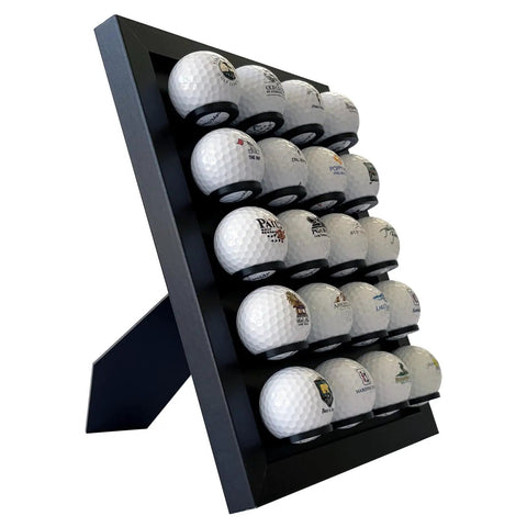 Premium Golf Ball Display Case for Wall Mount or Free Standing Setup Black Wood Frame That Holds Up to 20 Logo Balls.