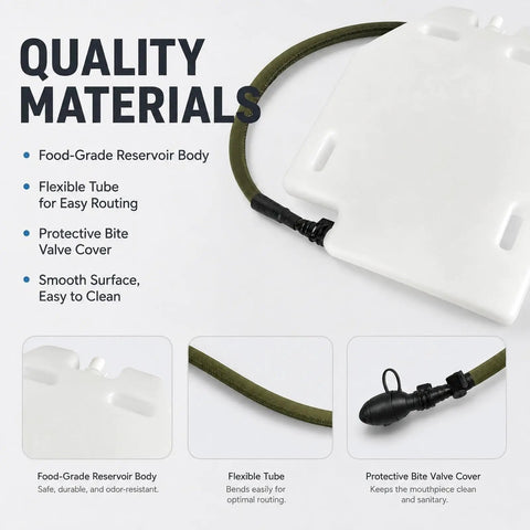 Quality materials of 50oz Hydration Bladder Water Reservoir for outdoors, showing reservoir, tubing, valve cover