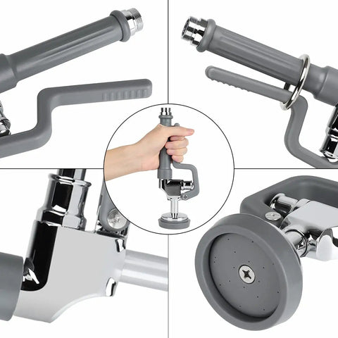 Pre Rinse Sprayer Head for Commercial Kitchen Faucet Replacement 1.42 GPM, ergonomic handle, chrome gray finish, close-up