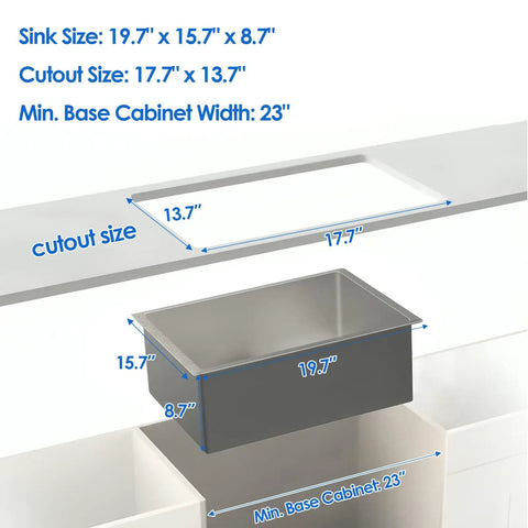 Diagram of Undermount Single Bowl Kitchen Sink 18 Gauge 304 Stainless Steel Bar Prep with dimensions and installation guide