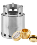 Ultra Lightweight Wood Burning Stove Kit For Backpacking And Camping With Backup Alcohol Burner Survival Ready Emergency Prep Gear That Burns Twigs No Batteries Or Liquid Fuel Needed, stainless steel design with gold burner