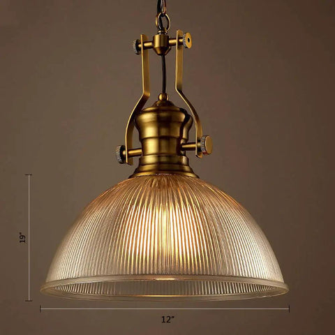 Retro Dome Pendant Light With Ribbed Glass In Brass Finish, 12 Inch Wide By 19 Inch High Hanging Lamp Detail View