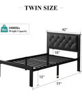 Super Sturdy Twin Size Metal Bed Frame With Faux Leather Platform And Button Tufted Headboard side view with dimensions displayed.
