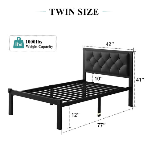 Super Sturdy Twin Size Metal Bed Frame With Faux Leather Platform And Button Tufted Headboard side view with dimensions displayed.
