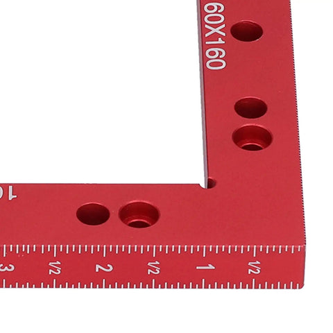 Close-up of Right Angle Woodworking Clamp Set for Precise Joints showing red aluminum fixture with measurement markings.