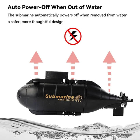 Side view of Mini RC Submarine for Kids With 6 Channel Remote Control Waterproof Diving Boat USB Charging Toy showing auto power-off feature.