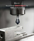 ColumPRO 4-Piece cobalt countersink set; M35 90° bit mounted in drill chuck over metal workpiece