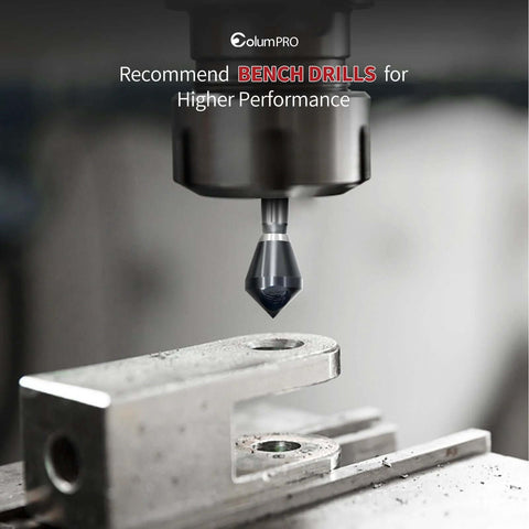 ColumPRO 4-Piece cobalt countersink set; M35 90° bit mounted in drill chuck over metal workpiece