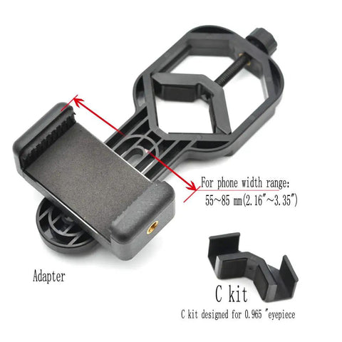 Universal Smartphone Telescope And Microscope Adapter Mount with phone width range and C kit displayed
