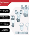 Set of heavy duty hooks included in the 303 Piece Picture Hanging Kit With Heavy Duty Hooks And Organized Compartments For Wall Mounting And Shelf Bracing.