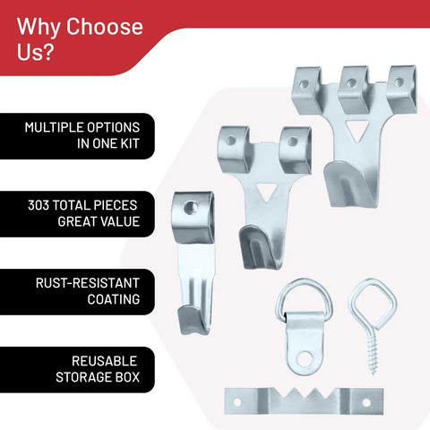 Set of heavy duty hooks included in the 303 Piece Picture Hanging Kit With Heavy Duty Hooks And Organized Compartments For Wall Mounting And Shelf Bracing.