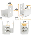 Adjustable wall mounted barn door guide for grooved and non grooved doors, includes measurements and screws for installation.