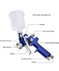 Mini Air Paint Sprayer With Slick 0.8 And 1.0mm Tips For Straight Smooth Finishes On Cars And Walls Featuring Legit Mist Quality close-up image of sprayer with 0.8mm nozzle and 125cc cup.