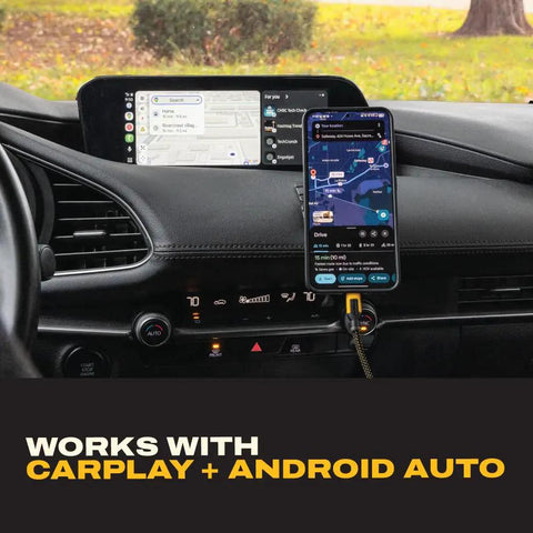 100W USB C To USB C Splitter Cable with phone connected in car using CarPlay and Android Auto