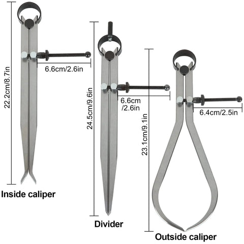Amazon three-piece 8-inch caliper/divider set for wood turning; inside caliper, divider, outside caliper, metal