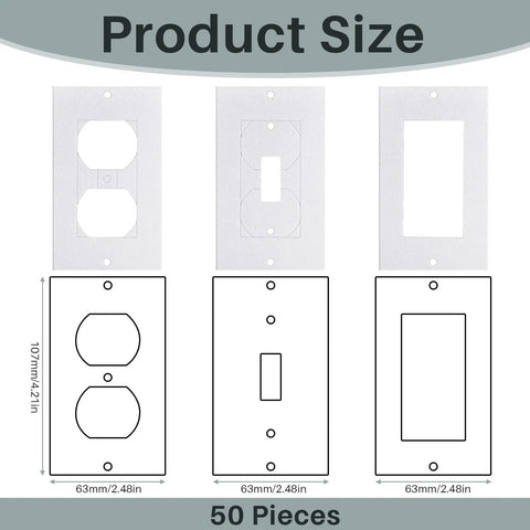 Universal Foam Outlet Insulation Pads And Draft Sealers For Electrical Outlets And Light Switch Covers, Cut To Fit 2.5 By 4 Inches, White, Easy Install Wall Gasket Kit For Energy Saving And Draft Blocking shown in product size chart with 50 pieces displayed in three configurations.
