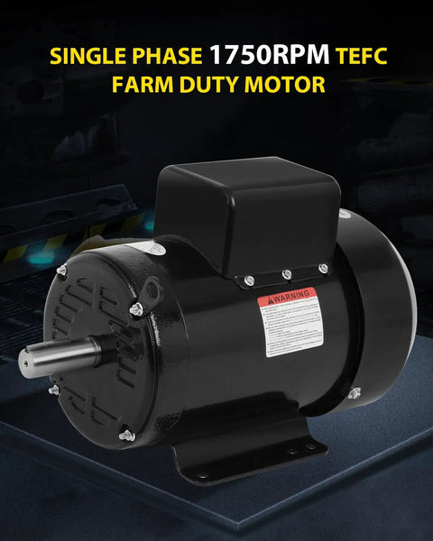 Three Horsepower Farm Duty Single Phase Electric Motor 1750 RPM Four Pole 184T TEFC IP55 230V 14.5A visible on display