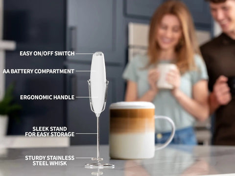 Complete Home Coffee Frother Set With Upgraded Ultra Stand Barista Grade Handheld Milk Foam Maker with sleek stand