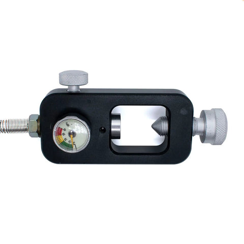 Scuba Tank Refill Adapter for DIN Valve Systems, 4500 PSI Refill, pressure gauge and connector visible, side view