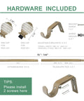 Heavy Duty Adjustable Curtain Rod Kit 16 To 144 Inch 1 Inch Diameter With Wood Grain Leaf Pattern Finials Nine Piece Interlocking Rods For Heavy Curtains Holds Up To 50 Pounds hardware included image with brackets, screws, and finials.