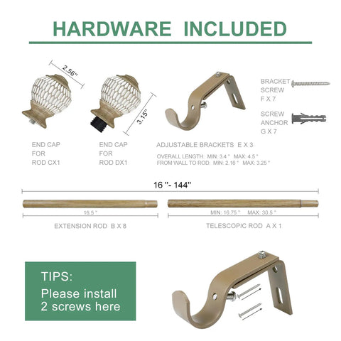 Heavy Duty Adjustable Curtain Rod Kit 16 To 144 Inch 1 Inch Diameter With Wood Grain Leaf Pattern Finials Nine Piece Interlocking Rods For Heavy Curtains Holds Up To 50 Pounds hardware included image with brackets, screws, and finials.