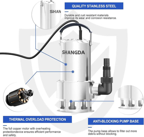 Heavy Duty Submersible Sump Pump Featuring Solid Stainless Steel Build And Smooth 5500 GPH Drainage for pool, hot tub, pond water removal.