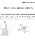 Technical drawing of 32mm reducer gearbox with planetary gear reduction motor, speed ratio 5.18 to 1, showing dimensions and specs.