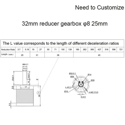 Technical drawing of 32mm reducer gearbox with planetary gear reduction motor, speed ratio 5.18 to 1, showing dimensions and specs.