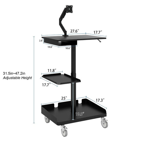 Heavy Lifter Mobile Workstation Cart With No Sweat Rolling Casters And Fully Adjustable Gas Spring Monitor Stand dimensions and details.