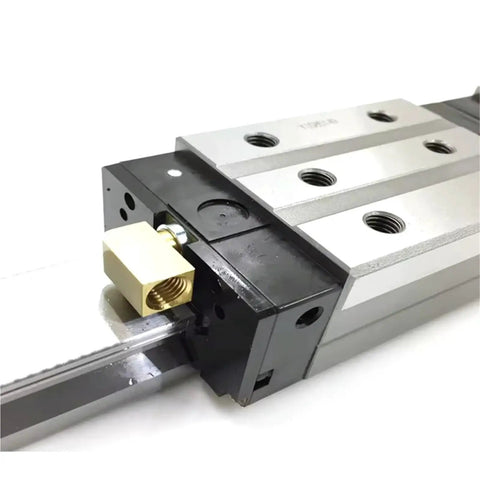 Close-up of SRG25LR Linear Guide Rail Kit with carriage showing 25mm block and rail system for CNC machines and industrial automation.