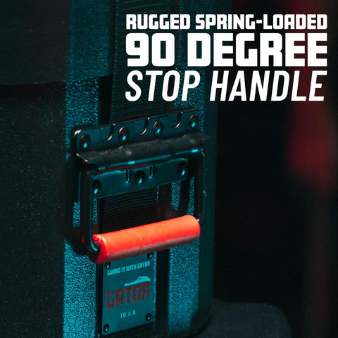 Four Piece Rock Style Drum Case Set Built Like A Tank With Durable Roto Molded Body And Heavy Duty Cinch Straps featuring rugged spring-loaded stop handle.