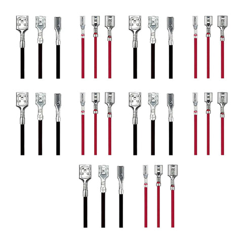 Thirty Piece Pack Female Speaker Wire Connectors With Pre Wired 18 Awg Red And Black Cables Nylon Sleeve Spade Terminals showing connectors with spade terminals.