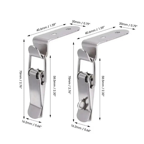 20 Pack Heavy Duty Metal Spring Toggle Latch Clamps 90 Degree Draw Catch for Cabinet Box, shown with dimensions and steel finish.