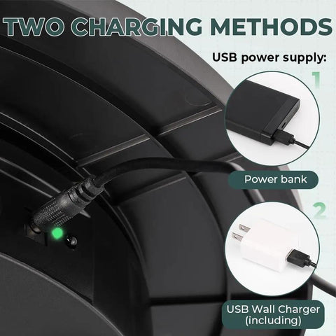 Huge Fly Rivergo Cordless Turntable For Photography 16.5 Inch 3D Display Rotating Base showing charging options and connections.