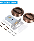 Exploded view of Red Bronze 4.9mm Round Recessed Pull Handle Knob for sliding doors and drawers with screws and mounting hardware.