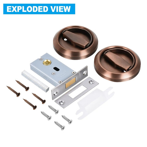 Exploded view of Red Bronze 4.9mm Round Recessed Pull Handle Knob for sliding doors and drawers with screws and mounting hardware.