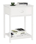 Small Space Friendly White Nightstand With Fabric Drawer And 3 Tier Storage End Table For Living Room Bedroom Or Dorm Durable Night Stand With Adjustable Feet Sturdy Build For Daily Use showing books and cup