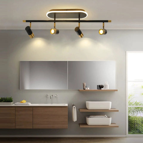 4 Light LED Track Lighting Kit With Dimmable Remote Industrial Track Heads Adjustable Ceiling Fixture For Living Room Bedroom Kitchen Black Finish Dope Pivoting Spotlights For Modern Home Ambience in bathroom setting