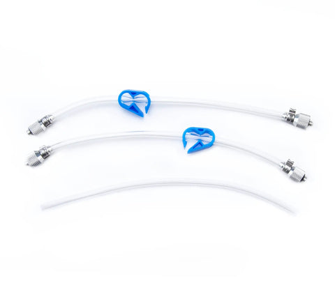 Heavy Duty Hydraulic Bicycle Brake Bleed Kit With DOT Fluid Dual Syringes Quick Connect Hoses Bleed Blocks And Mounts For SRAM Formula Hayes Hope And More, showing quick connect hoses and blue shutoff clips